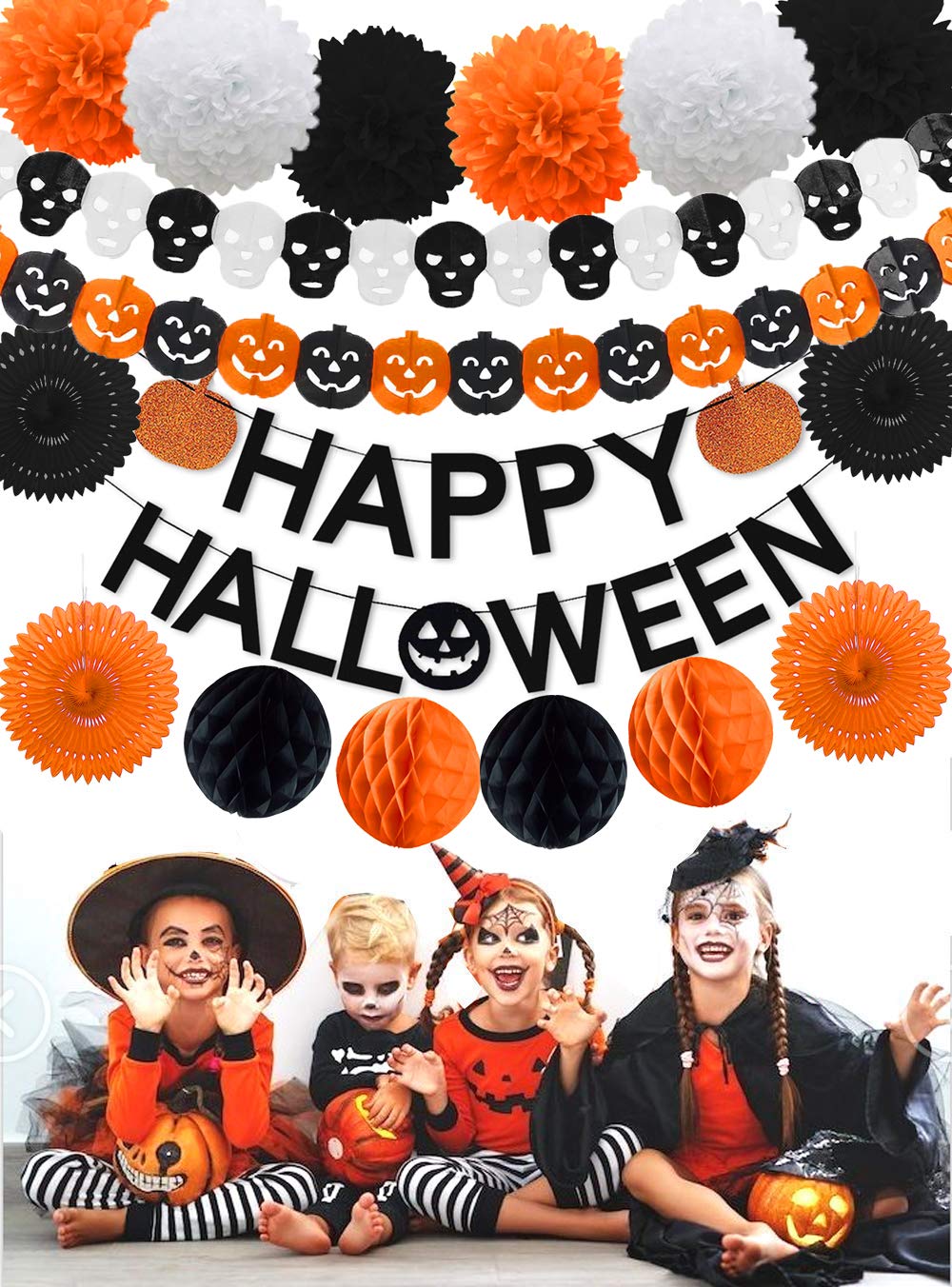 Halloween Party Decorations,Black Glittery Happy Halloween Orange Pumpkin Banner All-in-One Pack for Halloween Theme Party Supplies Decorations Kit for Kids