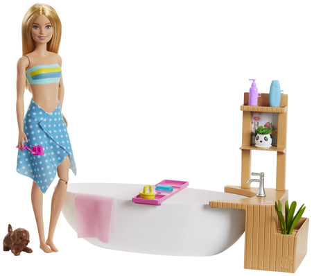Barbie Fizzy Bath Doll & Playset, Blonde, with Tub, Fizzy Powder, Puppy & More, Gift for Kids 3 to 7 Years Old