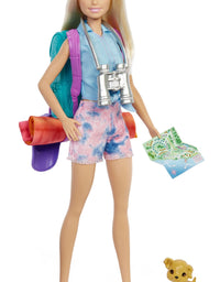 Barbie It Takes Two “Malibu” Camping Doll (11.5 in Blonde) with Pet Puppy, Backpack, Sleeping Bag & 10 Camping Accessories, Gift for 3 to 7 Year Olds
