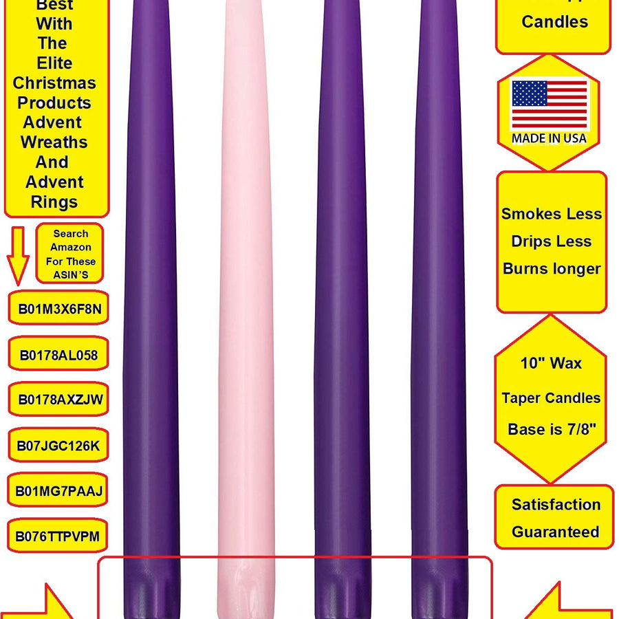 Advent Candle Set. "Made in the USA" Self Fitting End. Premium Hand Dipped Candles, Dripless, 4 pack - 3 purple, 1 pink