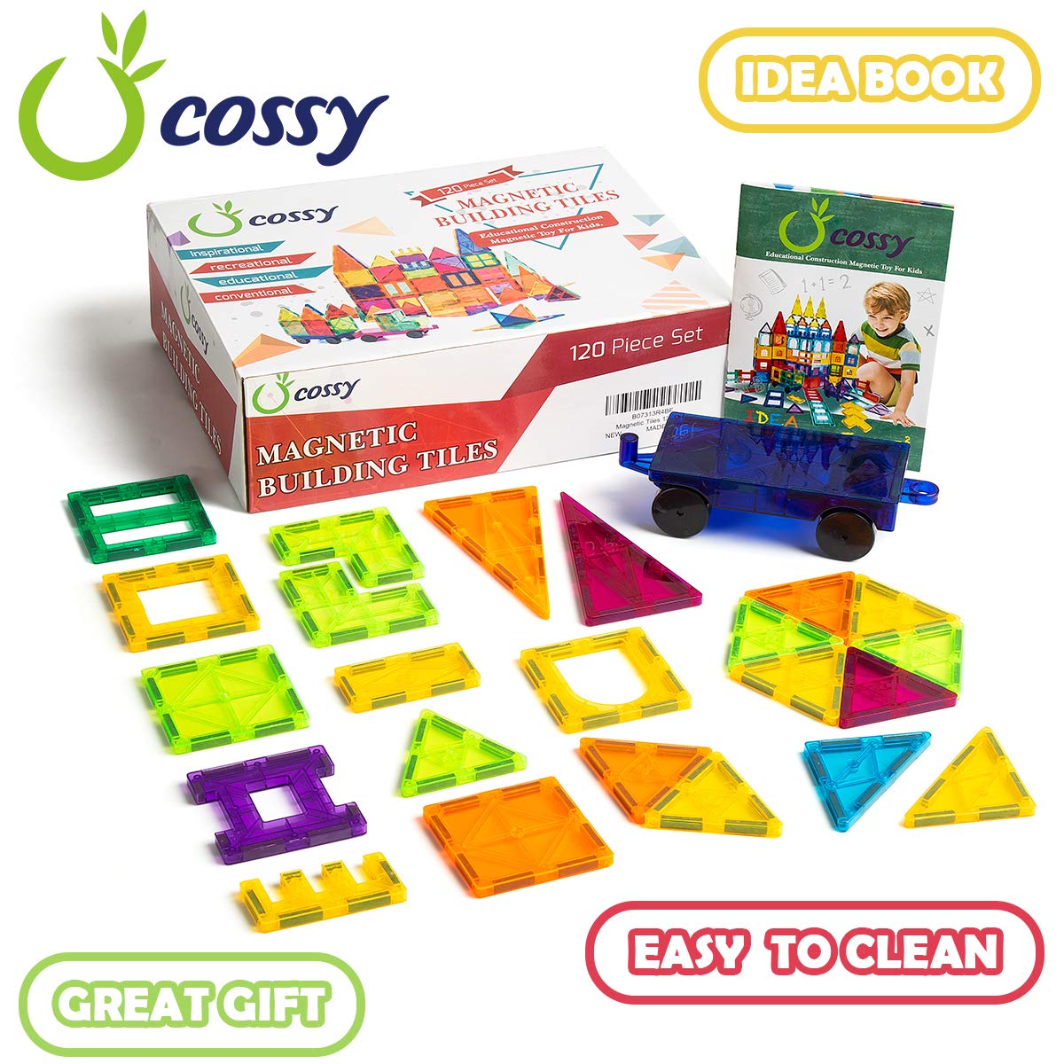 cossy Kids Magnet Toys Magnetic Tiles, 120 PCs Magnetic Building Blocks, Educational Toys for Kids Children with 2 Car Sets