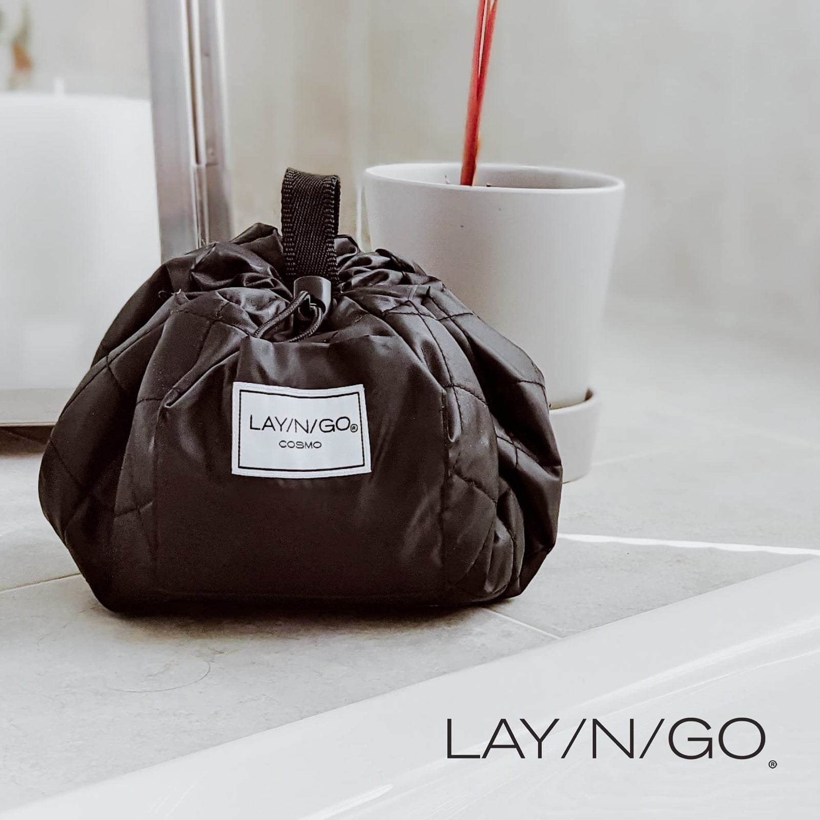 Lay-n-Go Cosmo Drawstring Makeup Organizer Cosmetic & Toiletry Bag for Travel, Gifts, and Daily Use with a Durable Patented Design, 20 inch, Black