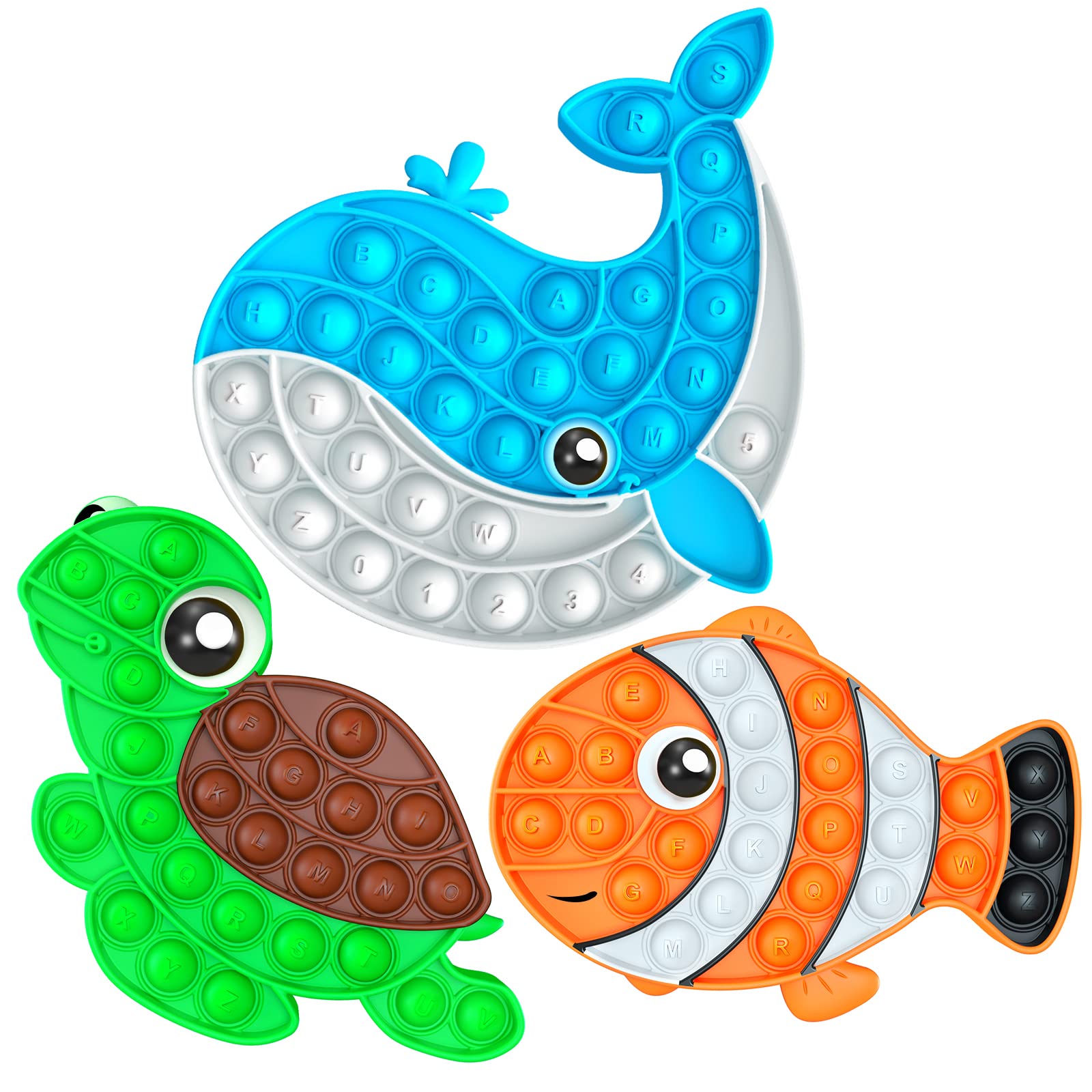 3 Pack Push Bubble Fidget Sensory Toys, Sensory Fidget Poppers Push Bubble Toy, Silicone Squeeze Autism Anxiety Stress Relief Educational Popping Toys for Kids Adults - Clown Fish, Whale, Turtle