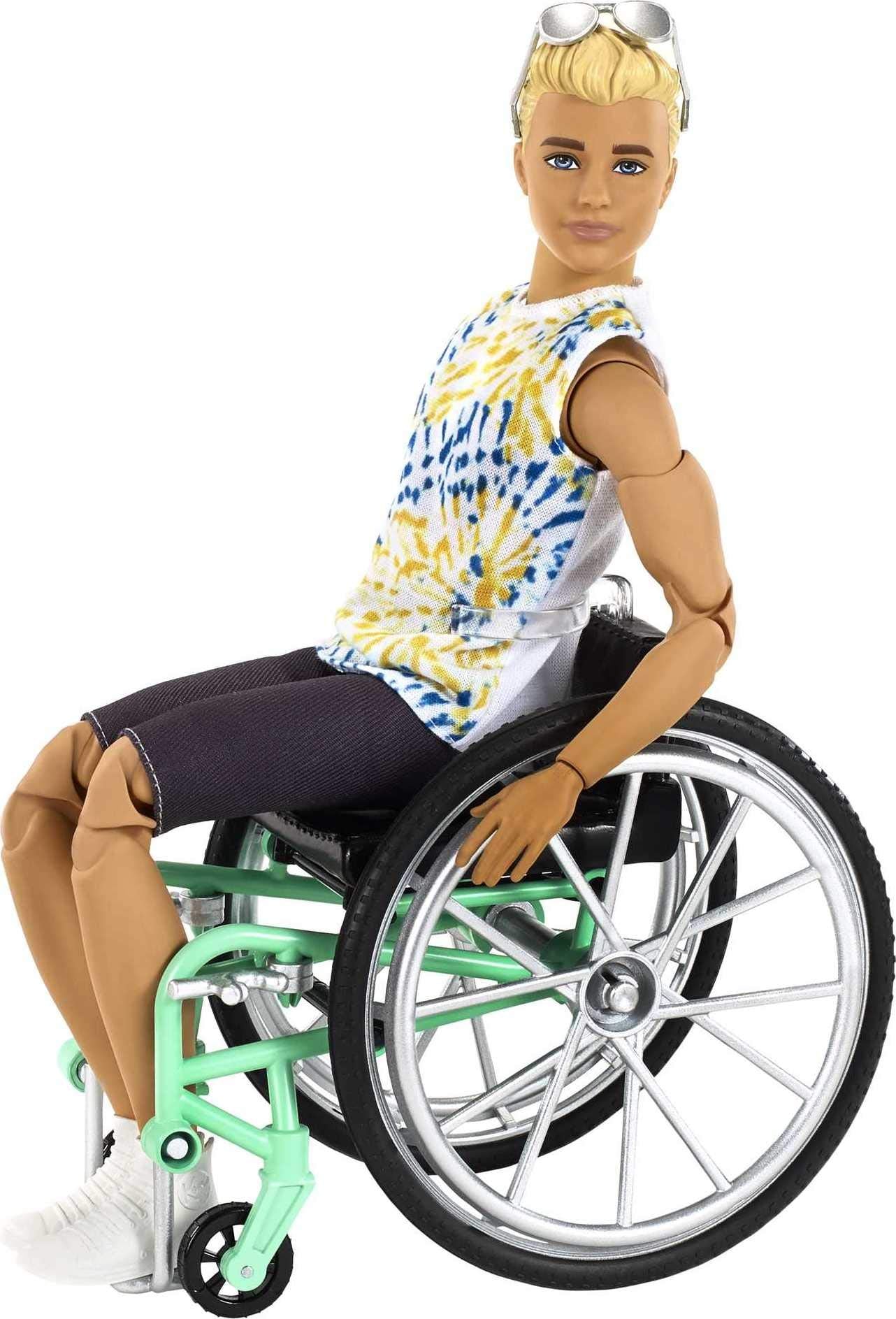 Barbie Ken Fashionistas Doll #167 with Wheelchair & Ramp Wearing Tie-Dye Shirt, Black Shorts, White Sneakers & Sunglasses, Toy for Kids 3 to 8 Years Old