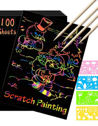 Scratch Paper Art Set, 100 Sheets Rainbow Magic Scratch Art Black Scratch it Off Paper Crafts Notes Drawing Boards Sheet with 10 Wooden Stylus and 4 Stencils for Kids DIY Christmas Birthday Gift Card
