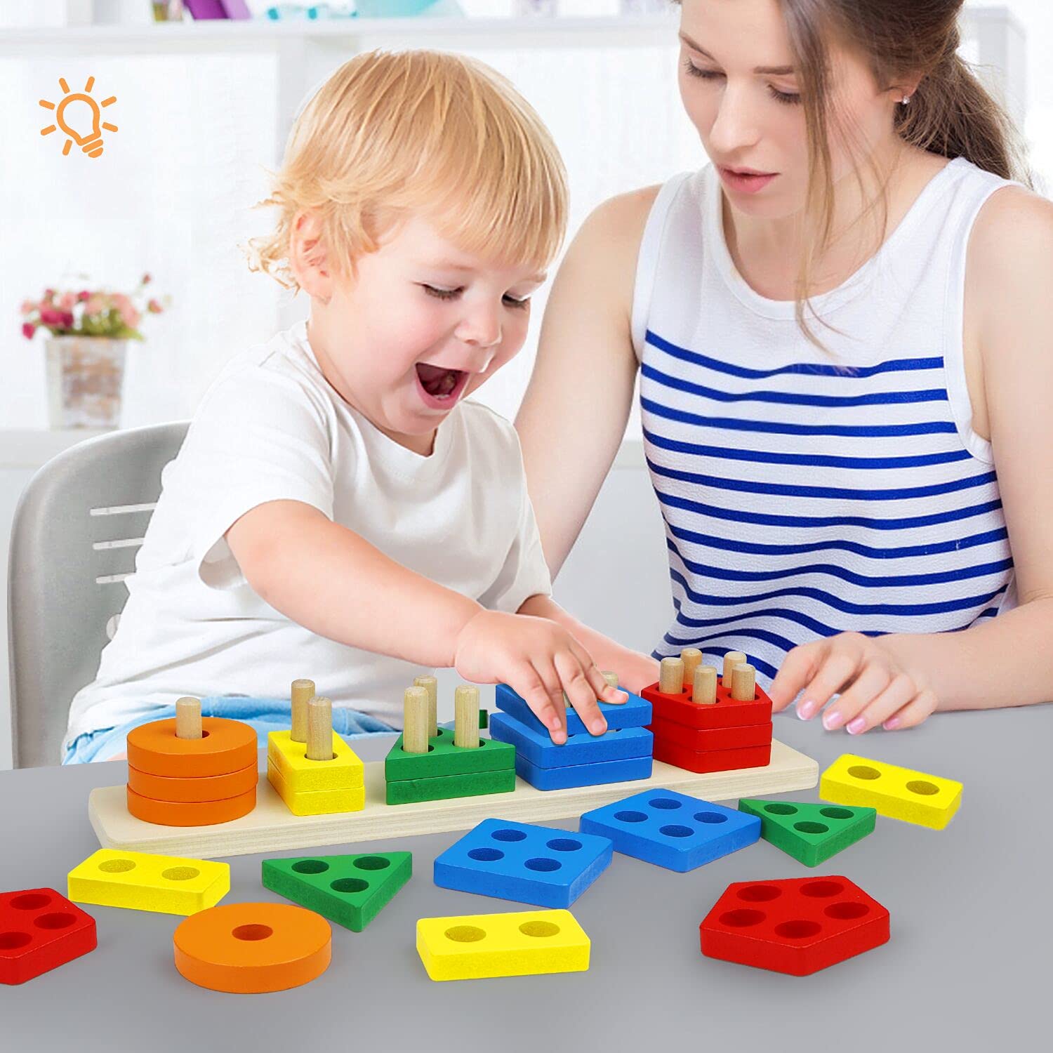 Montessori Toys for 1 to 3-Year-Old Boys Girls Toddlers, Wooden Sorting & Stacking Toys for Toddlers and Kids Preschool, Educational Toys, Color Recognition Stacker Shape Sorter, Learning Puzzles Gift