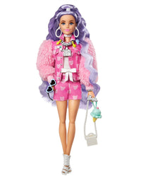 Barbie Extra Doll #6 in Pink Teddy Bear Print Denim Jacket & Matching Shorts with Pet Puppy, Long Periwinkle Hair, Layered Outfit & Accessories, Multiple Flexible Joints
