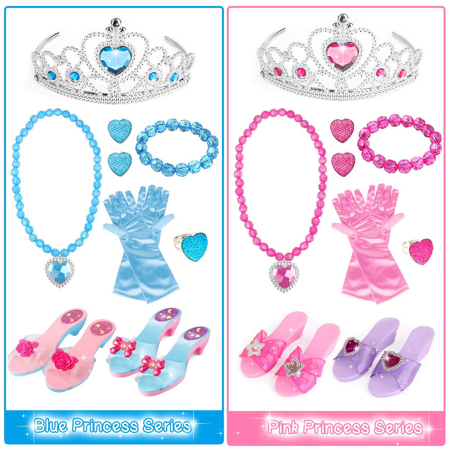 Meland Princess Dress Up Shoes and Jewelry Boutique - 4 Pairs of Play Shoes and Pretend Jewelry Toys Princess Accessories Play Gift Set for Toddlers Little Girls Aged 3,4,5,6 Years Old