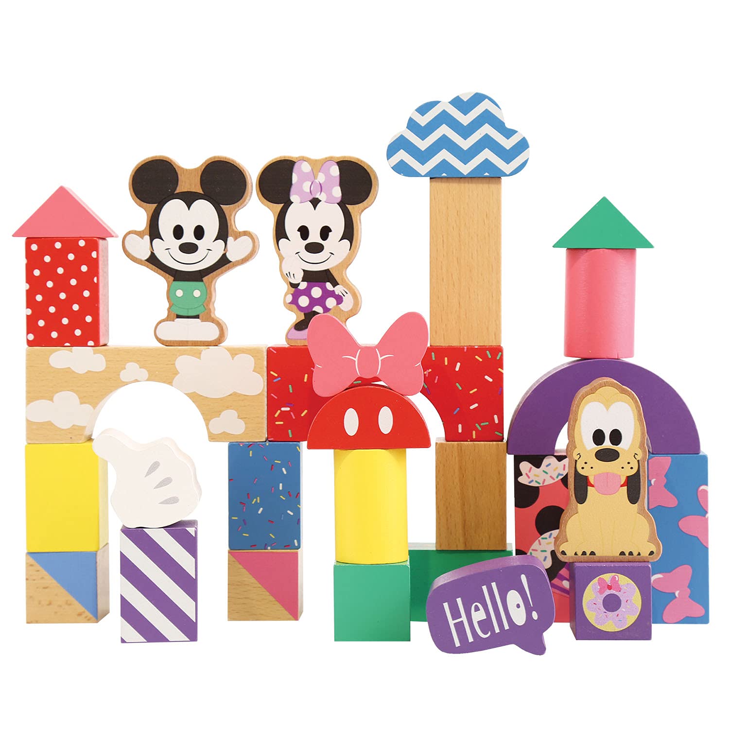 Disney Wooden Toys Mickey Mouse & Friends Block Set, 28-Piece Set Includes Mickey Mouse, Minnie Mouse, and Pluto Block Figures, Amazon Exclusive, by Just Play