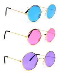 Skeleteen Tinted Round Hippie Glasses – Pink Purple And Blue 60's Style Hipster Circle Sunglasses - 3 Pairs
