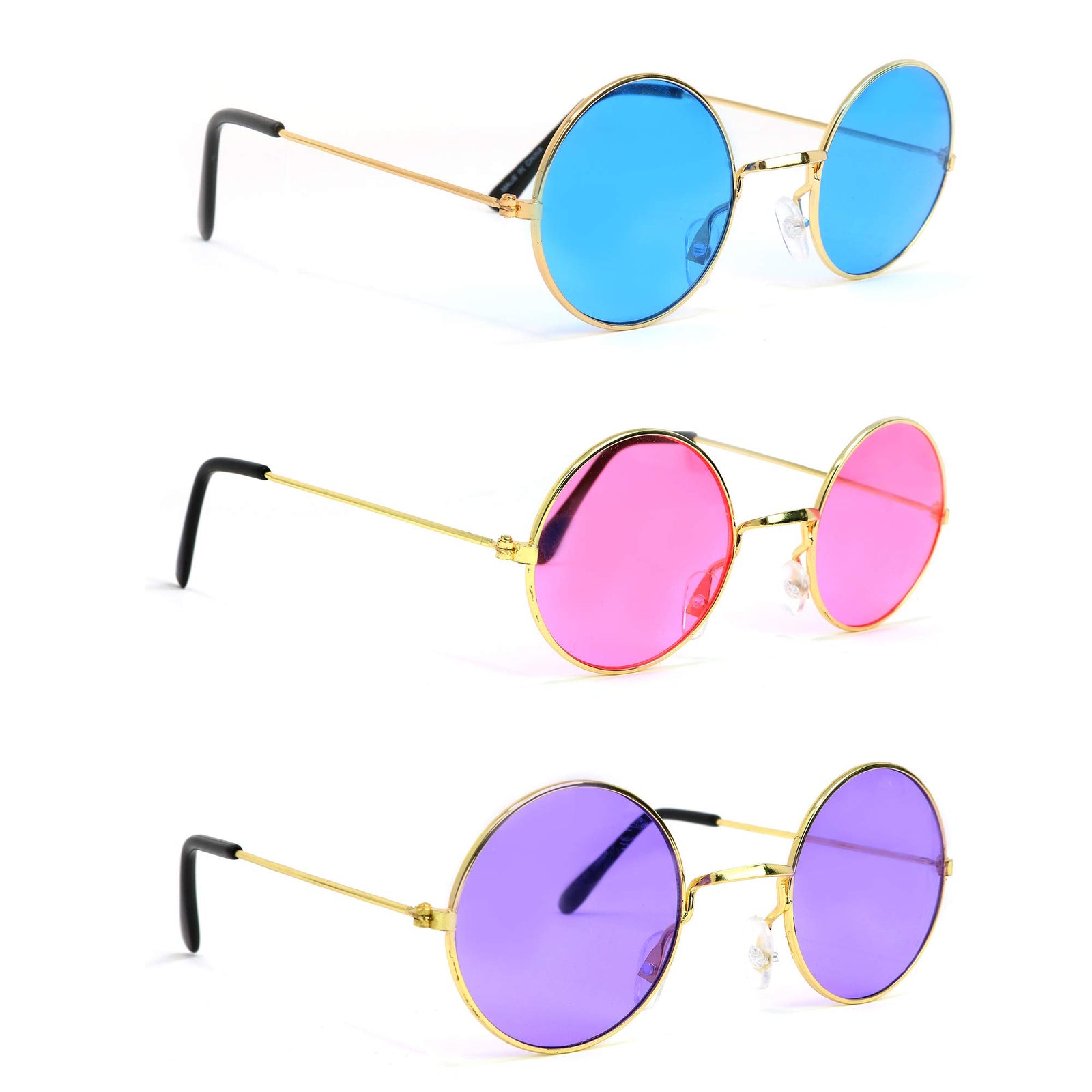 Skeleteen Tinted Round Hippie Glasses – Pink Purple And Blue 60's Style Hipster Circle Sunglasses - 3 Pairs