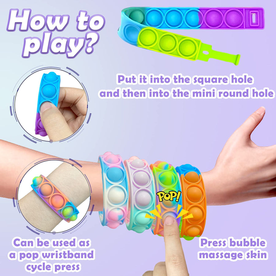 Pop Bracelet, Fidget Popper Bracelet Pack Wearable, Silicone Pop Watch Help Kids Adults with Autistic & ADHD, Washable Bubble Pop Bracelet As Great Gift for Anti-Anxiety, 6 Pack