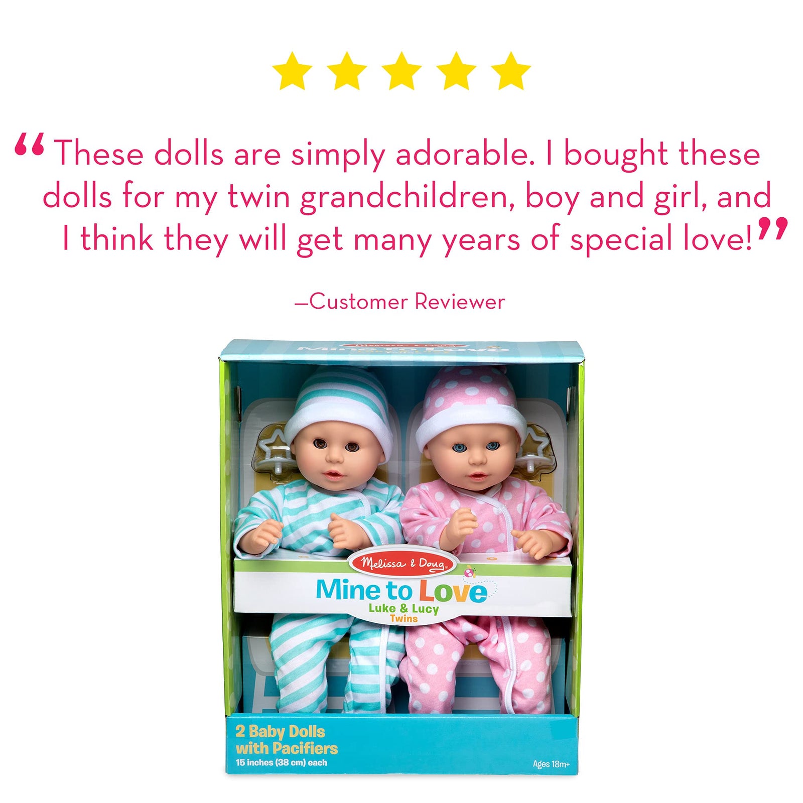 Melissa & Doug Mine to Love Twins Luke & Lucy 15” Light Skin-Tone Boy and Girl Baby Dolls with Rompers, Caps, Pacifiers