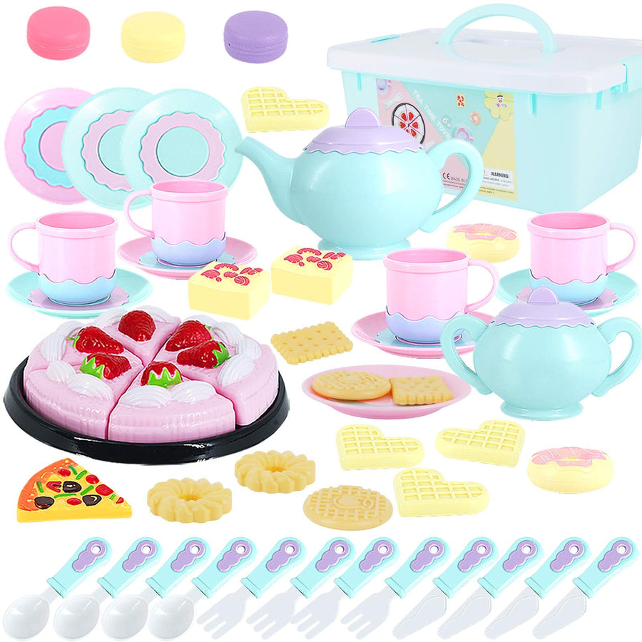 Toys Tea Set 52 Pieces Party Play Food for Kids,Princess Tea Time Toy Set Including Dessert,Cookies,Tea Party Accessories Toy for Toddlers,Boys Girls