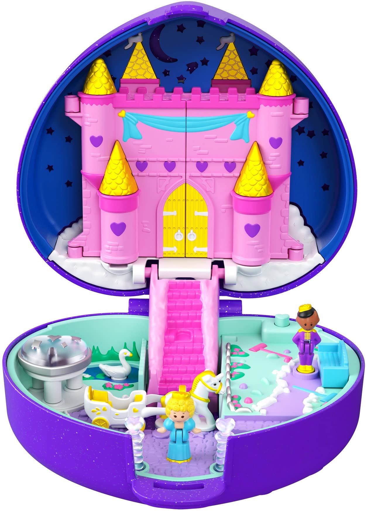 Polly Pocket Keepsake Collection Starlight Castle Compact, Enchanted Castle Theme, Special Box, Polly & Prince Dolls, Carriage, Swan & Unicorn Figures, Collectible Gift for Polly Fans