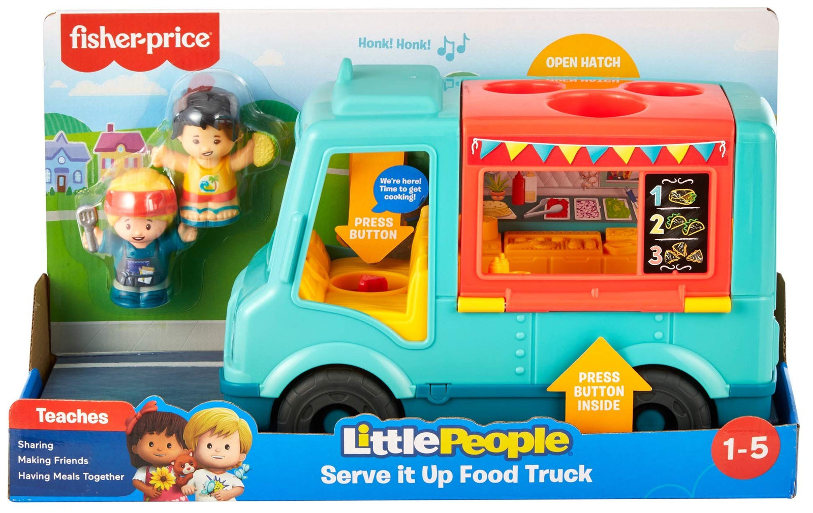 Fisher-Price Little People Serve It Up Food Truck, Push-Along Musical Toy Vehicle with Figures for Toddlers and Preschool Kids Ages 1-5 Years