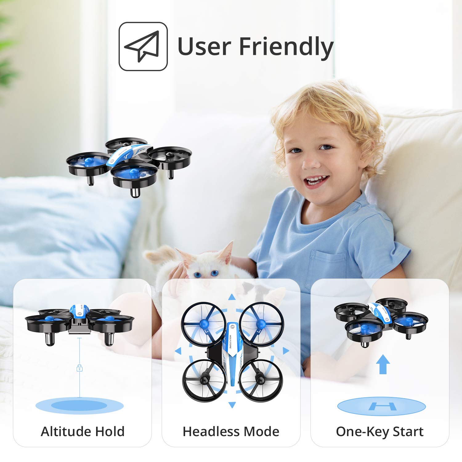 Holy Stone Mini Drone for Kids and Beginners RC Nano Quadcopter Indoor Small Helicopter Plane with Auto Hovering, 3D Flip, Headless Mode and 3 Batteries, Great Gift Toy for Boys and Girls, Blue