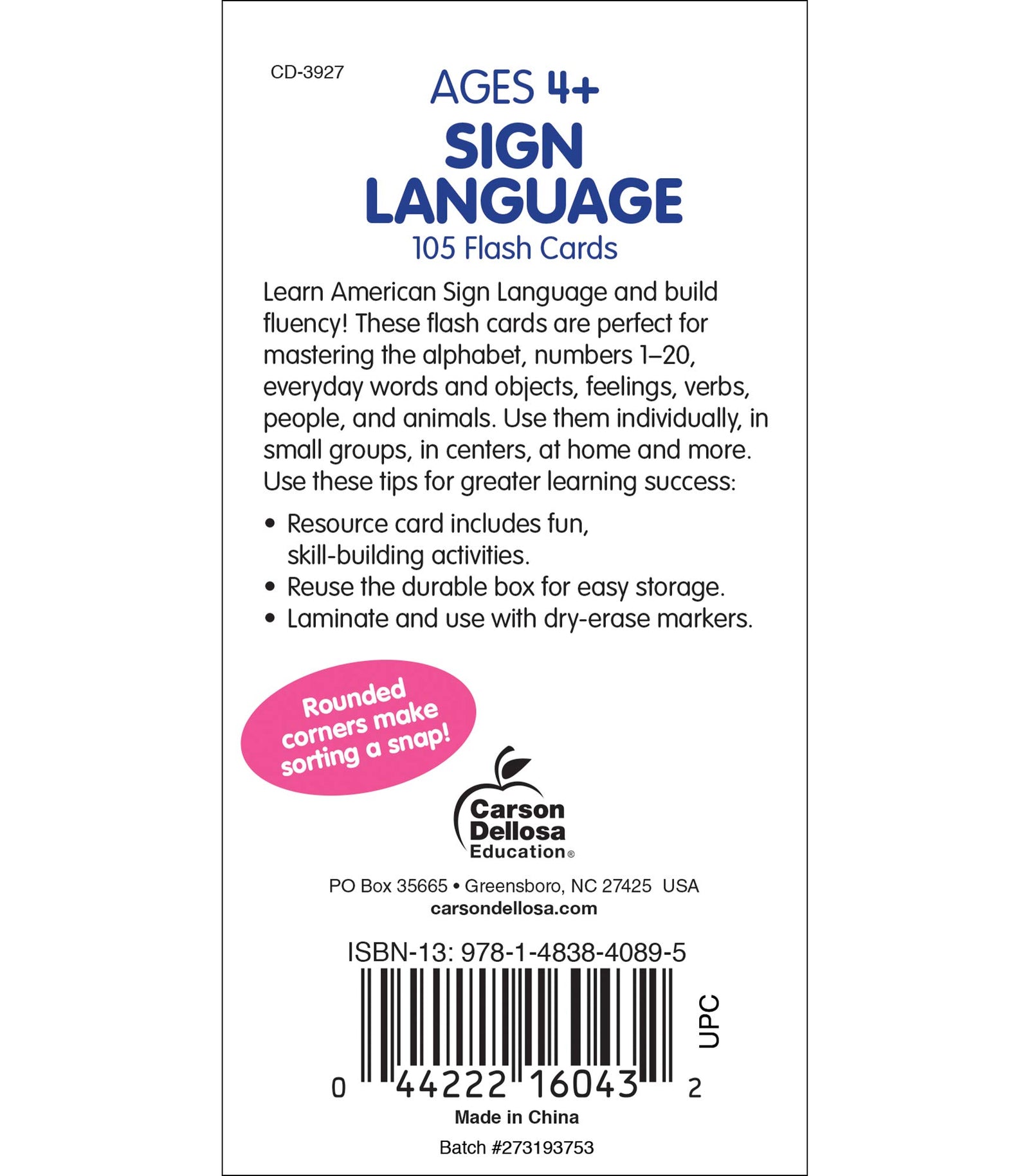 Carson Dellosa American Sign Language Flash Cards—Double-Sided, 122 ASL Signs With Illustrations and Word Associations, Alphabet, Numbers, Feelings, Animals, Food, Practice Set (105 pc)