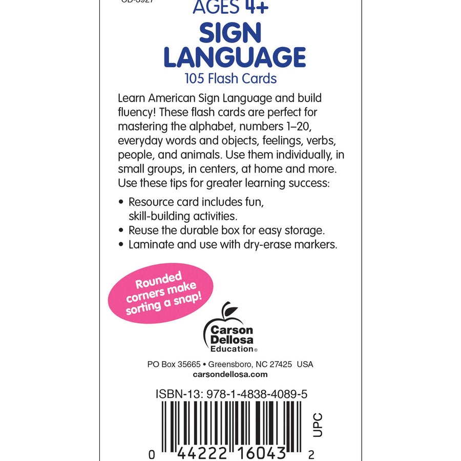 Carson Dellosa American Sign Language Flash Cards—Double-Sided, 122 ASL Signs With Illustrations and Word Associations, Alphabet, Numbers, Feelings, Animals, Food, Practice Set (105 pc)