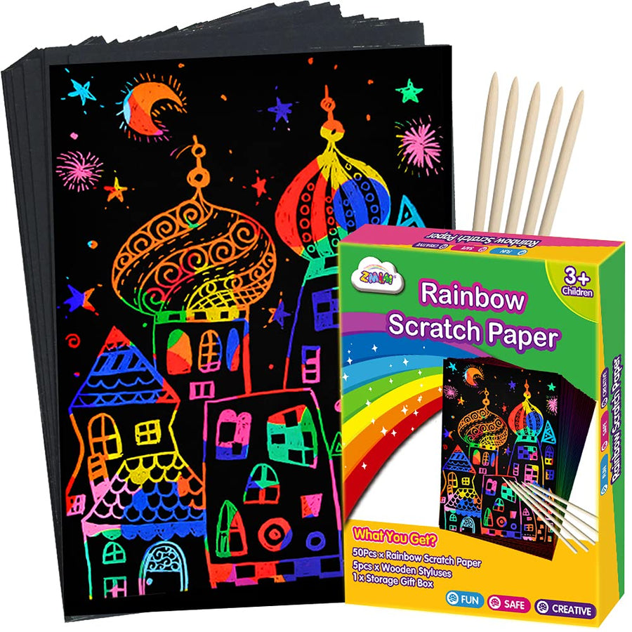 ZMLM Scratch Paper Art Set, Rainbow Magic Scratch Paper for Kids Black Scratch it Off Art Crafts Kits Notes Boards Sheet with 5 Wooden Stylus for Girl Boy Easter Party Game Christmas Birthday Gift