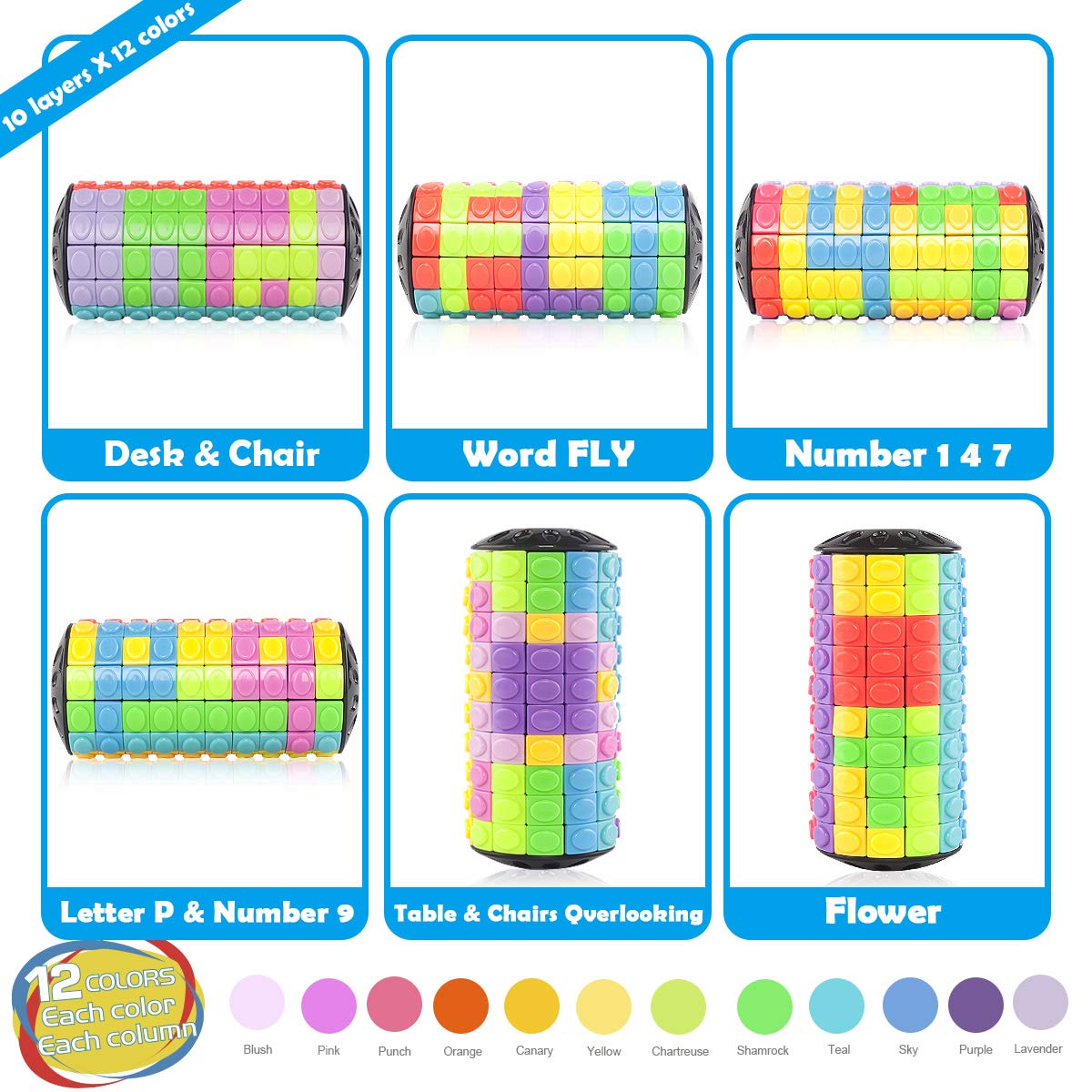 R.Y.TOYS Fidget Toys for Adults/Teens/Boys/Girls,Rotate & Slide Puzzle,Brain Teaser,Cylinder Magic Cube Gift,Birthday Present(12 Colors x 10 Layers) Upgrade