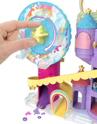 Mattel Polly Pocket Rainbow Funland Theme Park, 3 Rides, 7 Play Areas, Polly and Shani Dolls, 2 Unicorns & 25 Surprise Accessories (30 Total Play Pieces), Dispensing Feature for Surprises
