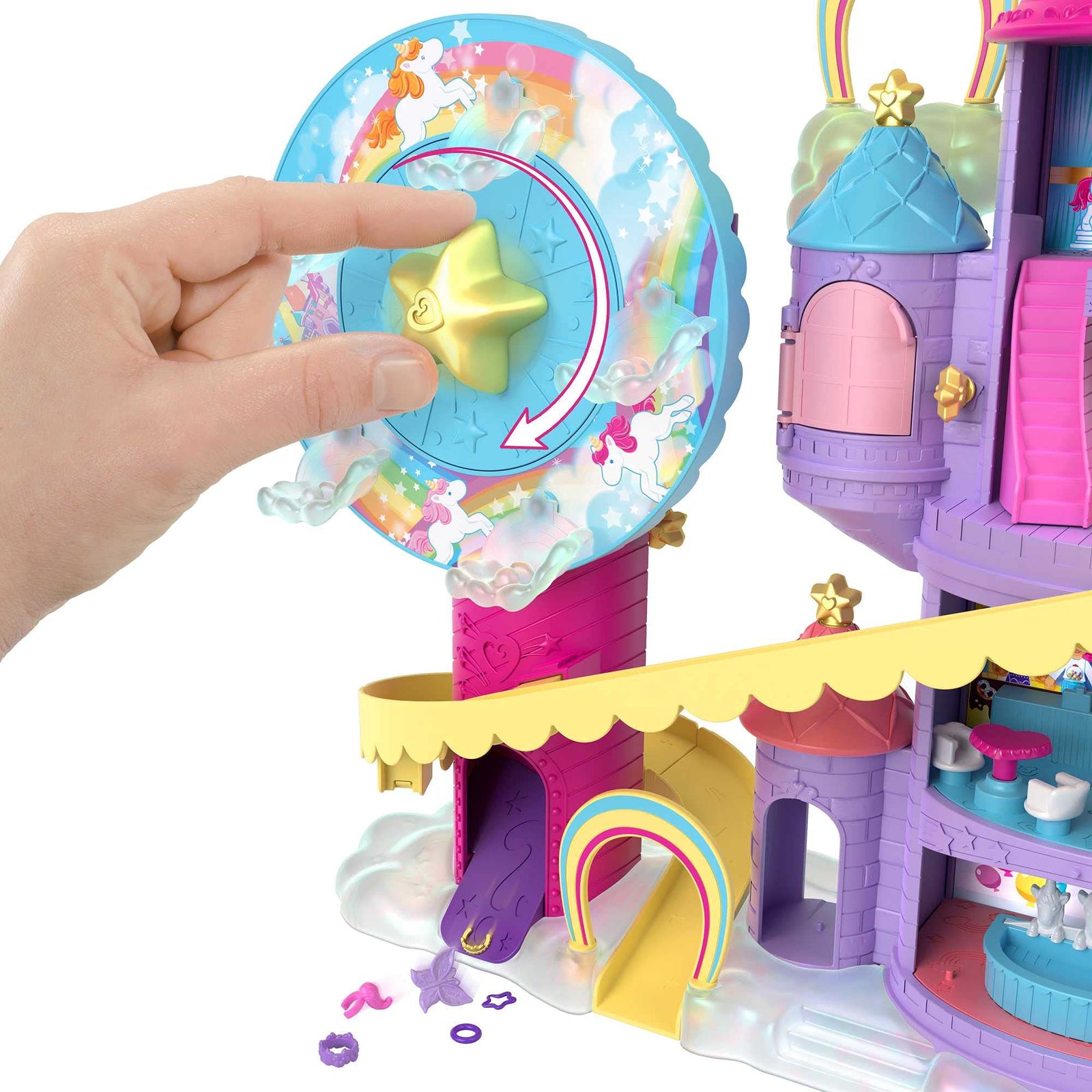 Mattel Polly Pocket Rainbow Funland Theme Park, 3 Rides, 7 Play Areas, Polly and Shani Dolls, 2 Unicorns & 25 Surprise Accessories (30 Total Play Pieces), Dispensing Feature for Surprises