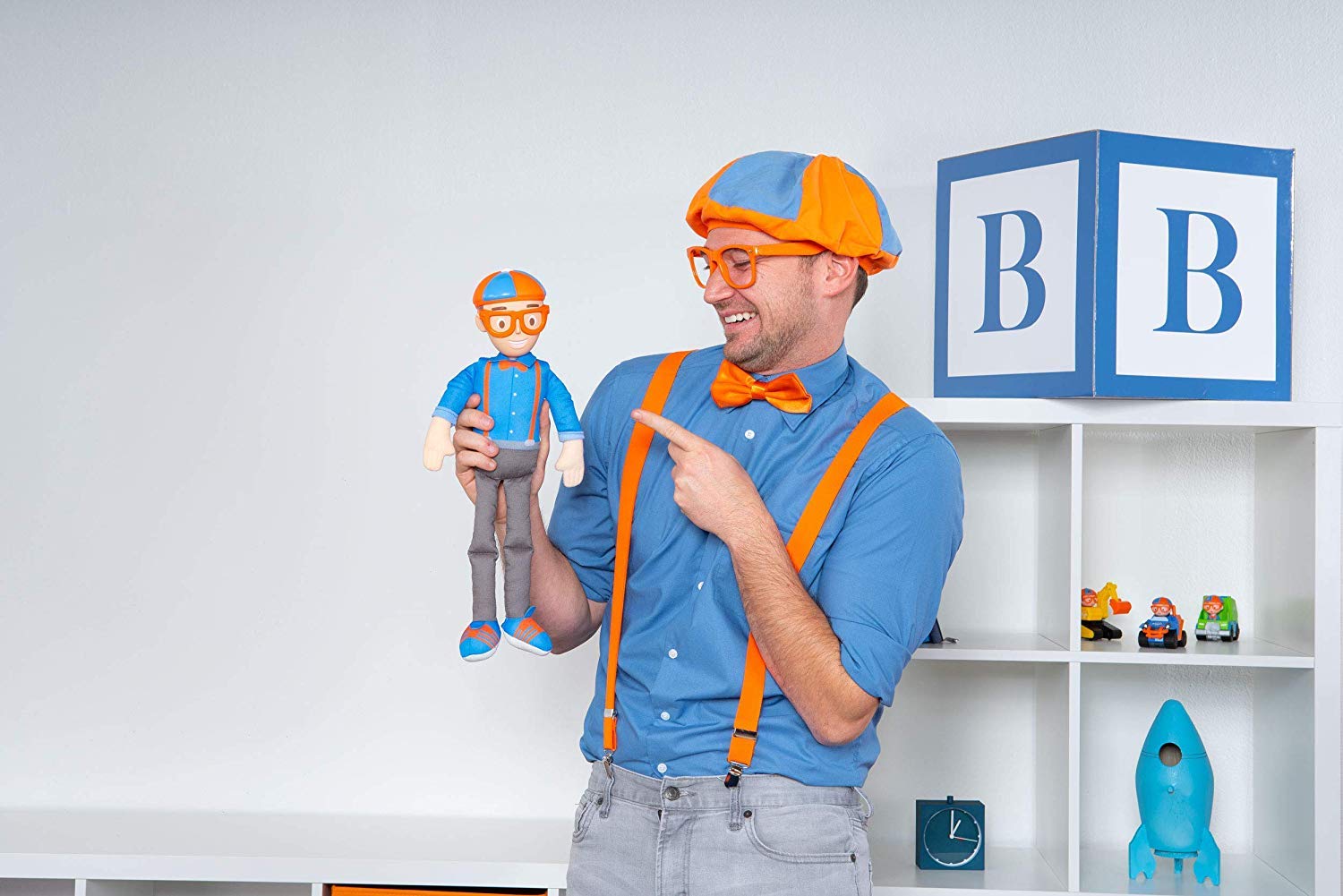 Blippi Bendable Plush Doll, 16” Tall Featuring SFX - Squeeze The Belly to Hear Classic catchphrases - Fun, Educational Toys for Babies, Toddlers, and Young Kids