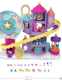 Mattel Polly Pocket Rainbow Funland Theme Park, 3 Rides, 7 Play Areas, Polly and Shani Dolls, 2 Unicorns & 25 Surprise Accessories (30 Total Play Pieces), Dispensing Feature for Surprises
