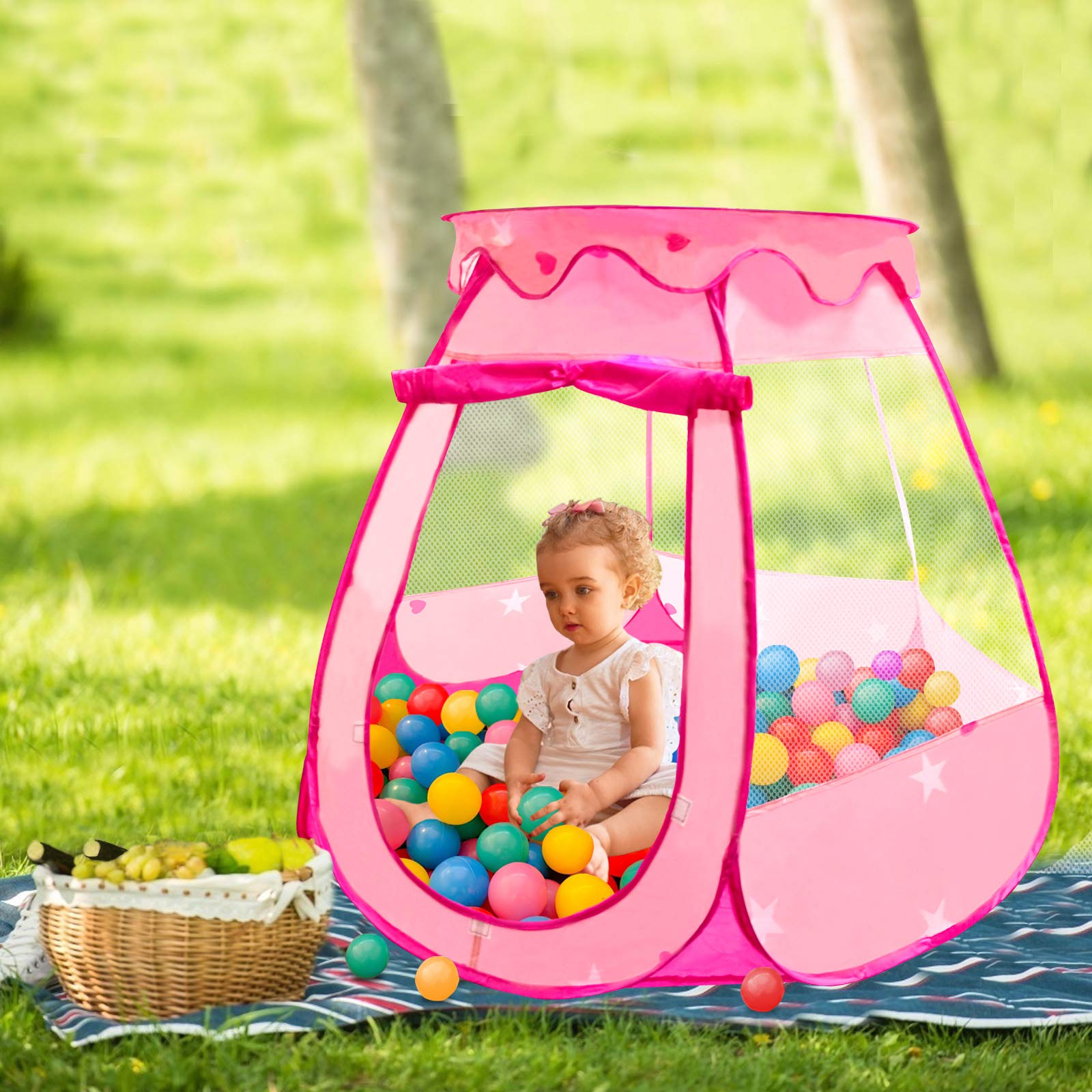 Tikolus Pop Up Princess Tent with Colorful Star Lights, Toys for 1 2 3 Year Old Girls Birthday Gift, Foldable Ball Pit with Carrying Bag, Indoor Outdoor Play Tent for Kids (Balls Not Included)