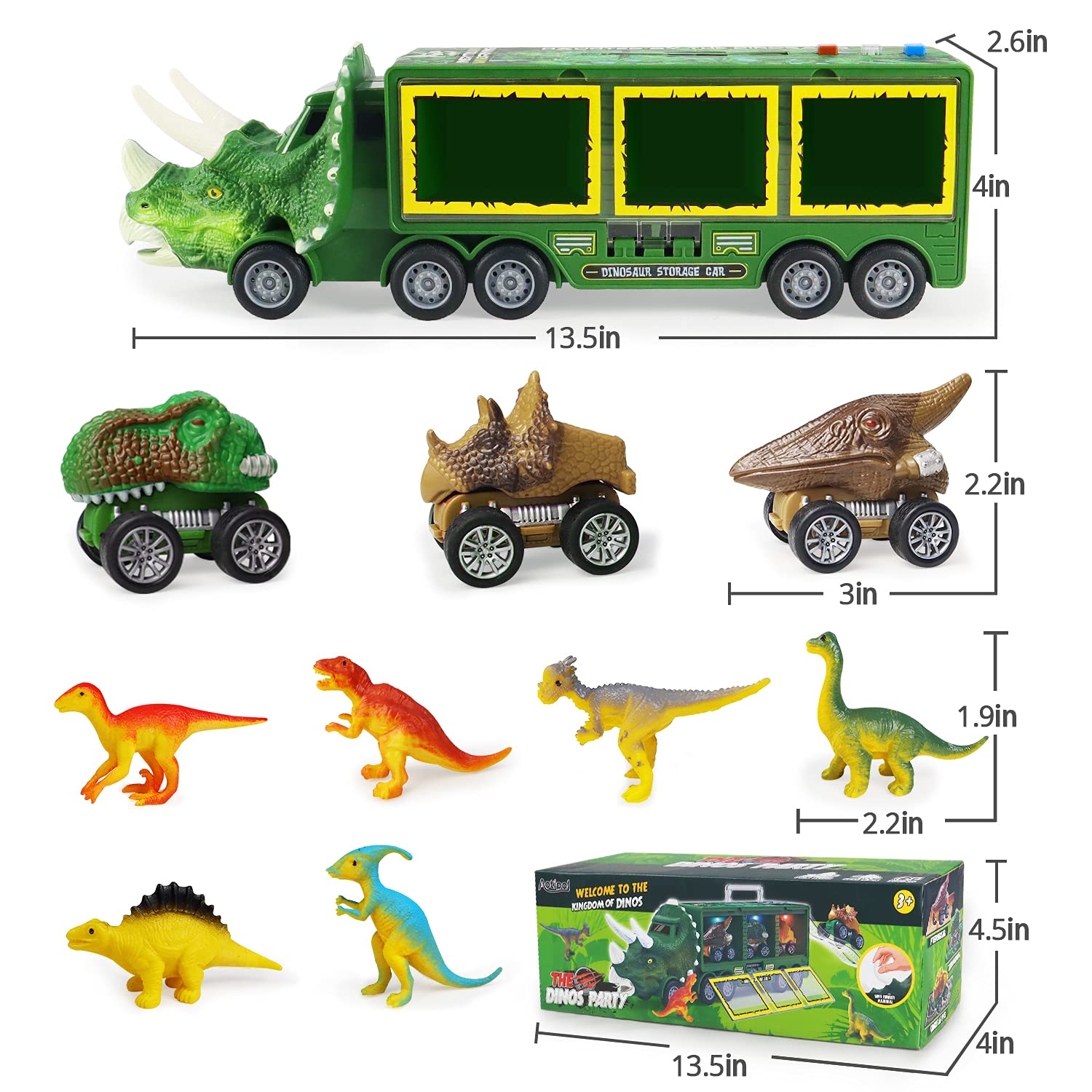 Dinosaur Toy Truck for Kids 3-7 with Flashing Lights, Music and Roaring Sound, 10 in 1 Dinosaur Toys for Boys and Girls, 3 Pull Back Dinosaur Cars, 6 Dinosaur Toys and 1 Dinosaur Carrier Truck