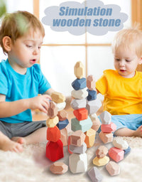 36 PCs Wooden Sorting Stacking Balancing Stone Rocks Educational Preschool Learning Toys Large Small Building Blocks Game Stones Lightweight Puzzle Set for Kids 3 Years Old
