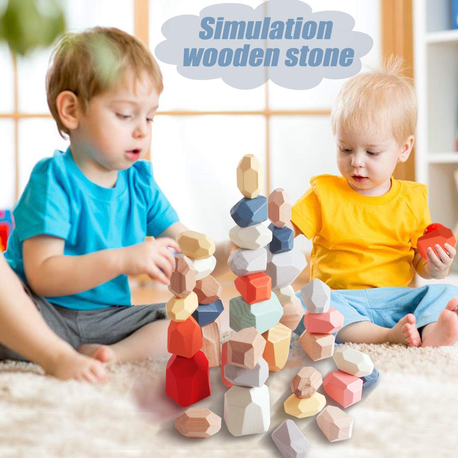 36 PCs Wooden Sorting Stacking Balancing Stone Rocks Educational Preschool Learning Toys Large Small Building Blocks Game Stones Lightweight Puzzle Set for Kids 3 Years Old