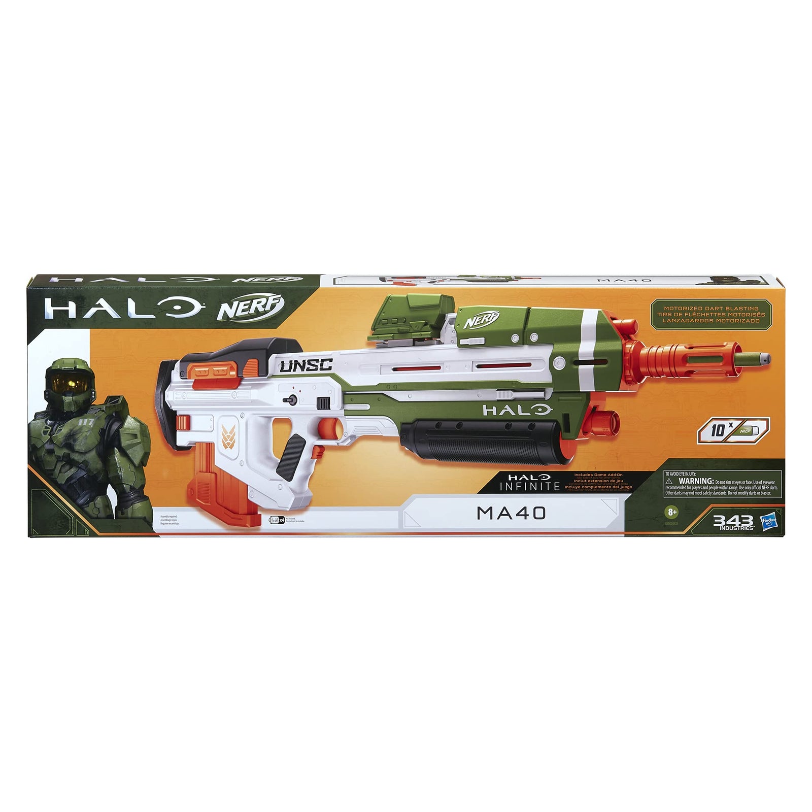 NERF Halo MA40 Motorized Dart Blaster -- Includes Removable 10-Dart Clip, 10 Official Elite Darts, and Attachable Rail Riser , White