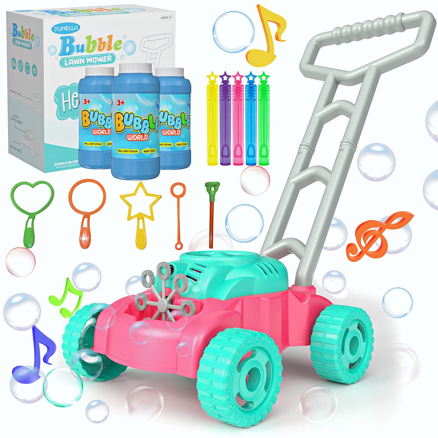 JUMELLA Lawn Mower Bubble Machine for Kids - Automatic Bubble Mower with Music, Baby Activity Walker for Outdoor, Push Toys for Toddler, Christmas Birthday Gifts for Preschool Boys Girls 2-6 Years Old