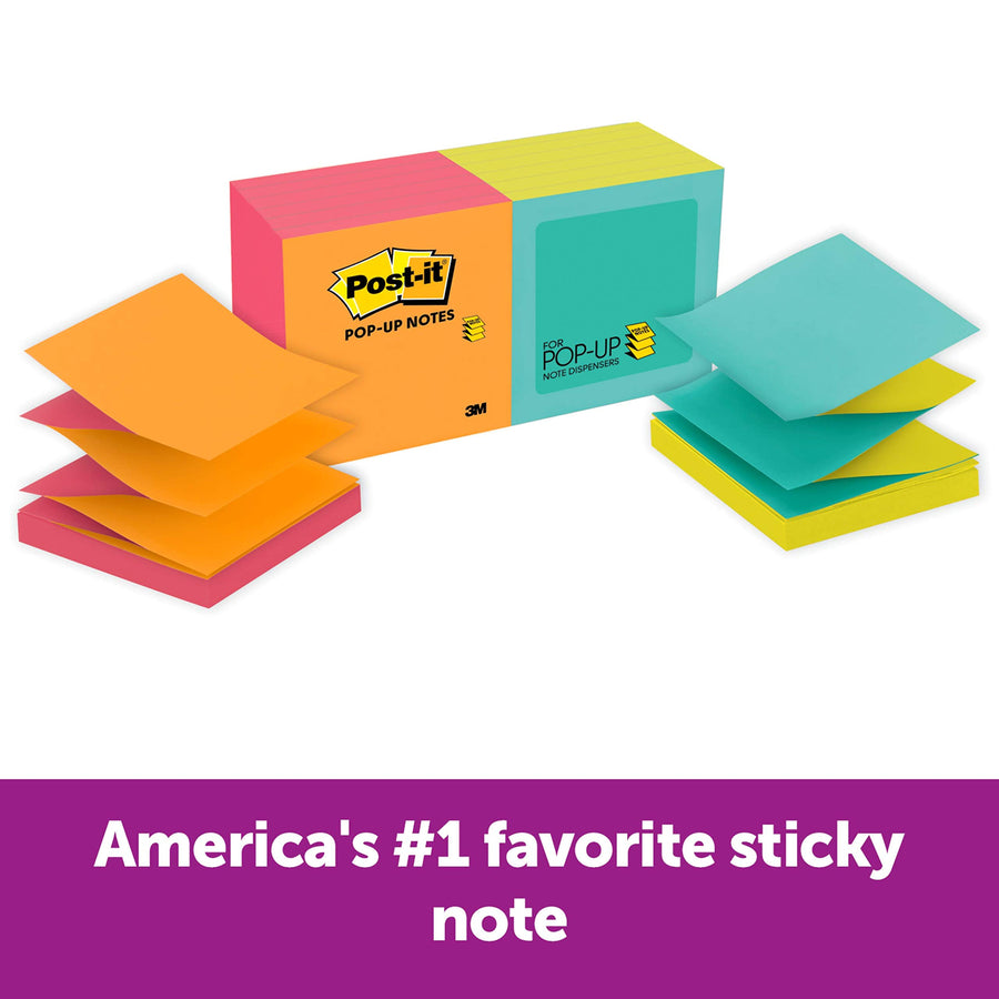 Post-it Pop-up Notes, 3 in x 3 in, 12 Pads, America's #1 Favorite Sticky Notes, Cape Town Collection, Bright Colors, Clean Removal, Recyclable (R330-N-ALT)