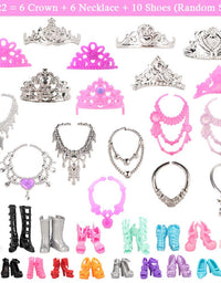 BARWA 32 pcs Doll Clothes and Accessories 10 pcs Party Dresses 22 pcs Shoes, Crown, Necklace Accessories for 11.5 inch Doll
