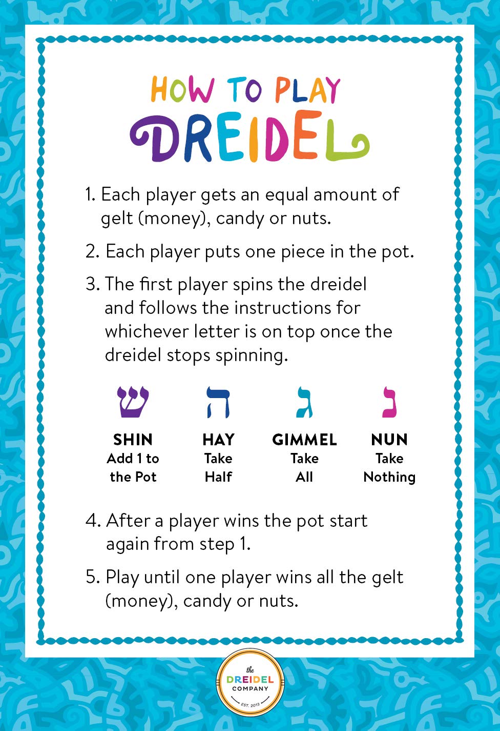 Hanukkah Dreidels 30 Bulk Pack Multi-Color Plastic Chanukah Draydels With English Transliteration In Reusable Ziplock Bag- Includes 3 Dreidel Game Instruction Cards (30-Pack)