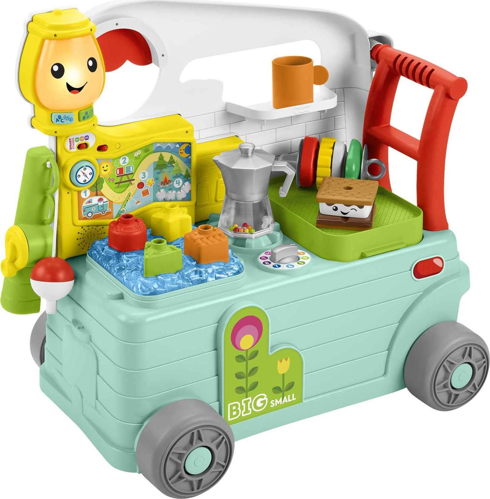 Fisher-Price Laugh & Learn 3-in-1 On-the-Go Camper, Musical Push-Along Walker and Activity Center for Infants and Toddlers Ages 9-36 Months