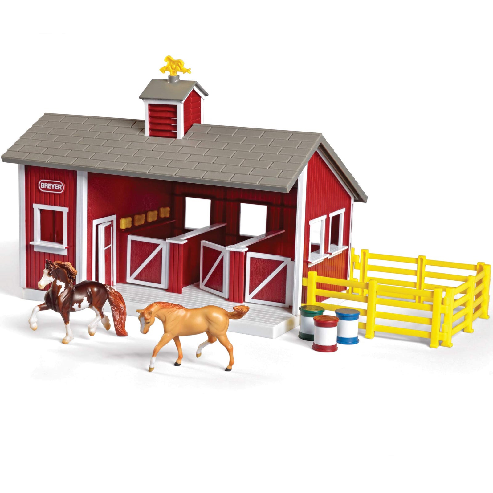 Breyer Stablemates Red Stable and Horse Set | 12 Piece Play set with 2 Horses | 11.5"L x 7.5"W x 9.25"H | 1:32 Scale | Model #59197