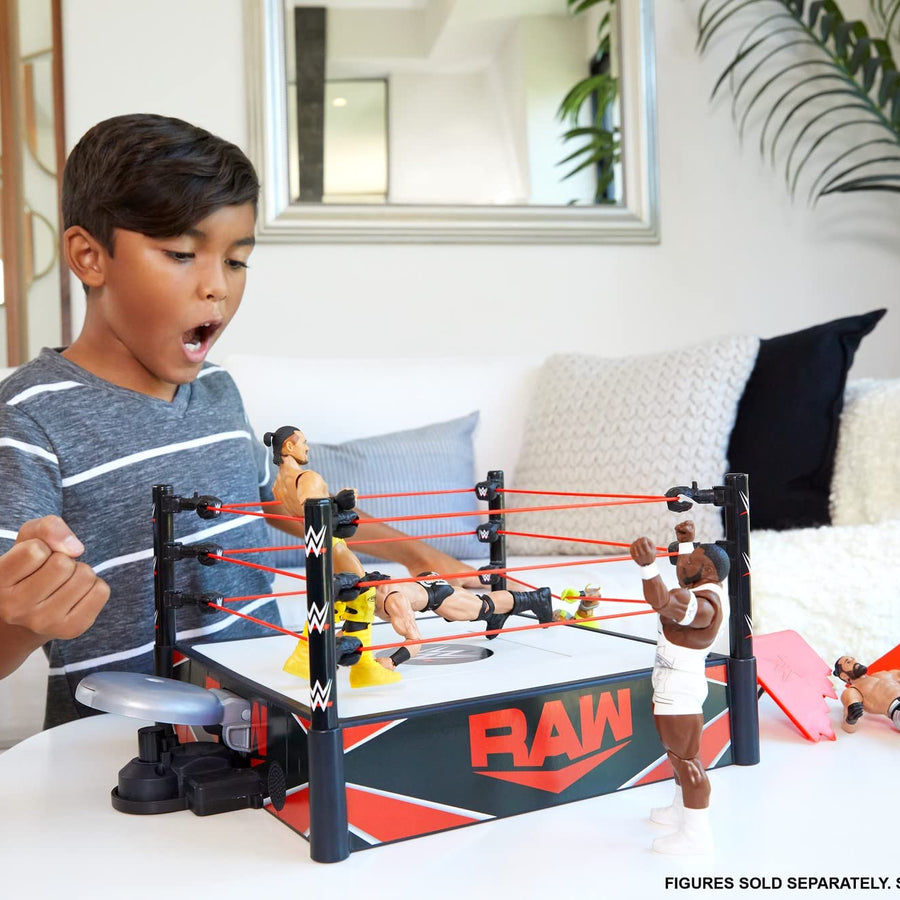 WWE Wrekkin Kickout Ring Playset 13-in (33.02-cm) x 20-in (50.8-cm) & 2 Modes: Randomized Ref & Springboard Launcher, Includes Crane, WWE Championship & Breakaway Table, Gift for Ages 6 Years Old & Up