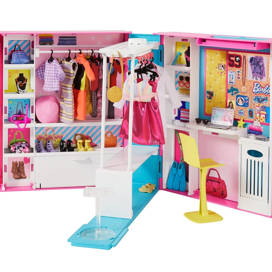 Barbie Dream Closet with 30+ Pieces, Toy Closet, Features 10+ Storage Areas, Full-Length Mirror, Includes 5 Outfits, Gift for Kids 3 to 7 Years Old, Pink