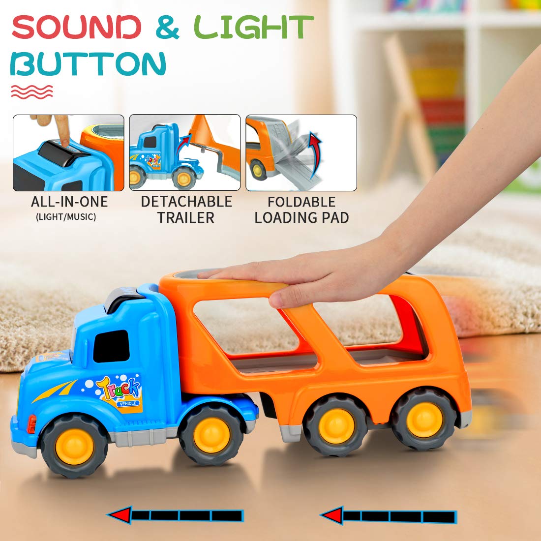 9 pcs Cars Toys for 2 3 4 5 Years Old Toddlers, Big Carrier Truck with 8 Small Cartoon Pull Back Cars, Colorful Assorted Vehicles, Transport Truck with Sound and Light, Best Gift for Boy and Girl