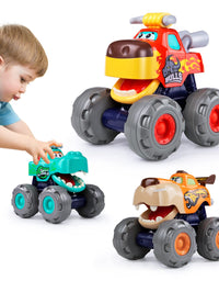 Toy Cars for 1 2 3 Year Old 3 Pack Monster Truck Toy Push & Go Crocodile Car Friction Powered Bull Car Pull Back Leopard Car Big Wheel Animal Toy Car Baby Toy Gift for 12 18 Month Boys Girls Toddlers
