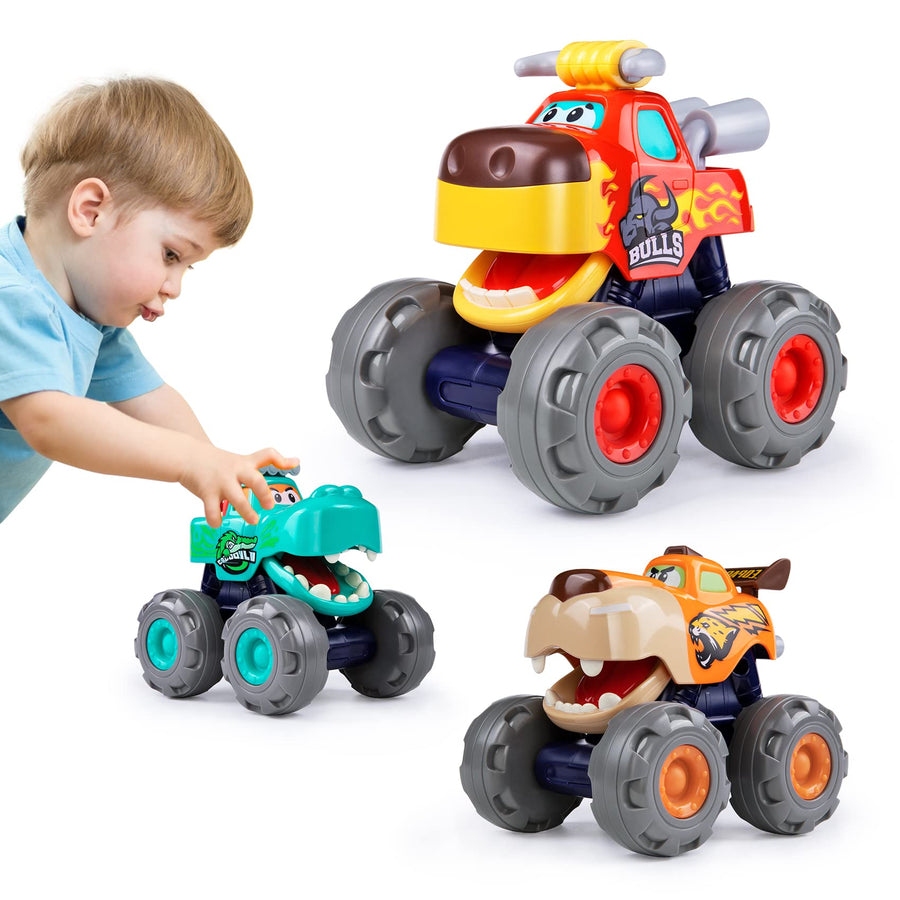 Toy Cars for 1 2 3 Year Old 3 Pack Monster Truck Toy Push & Go Crocodile Car Friction Powered Bull Car Pull Back Leopard Car Big Wheel Animal Toy Car Baby Toy Gift for 12 18 Month Boys Girls Toddlers