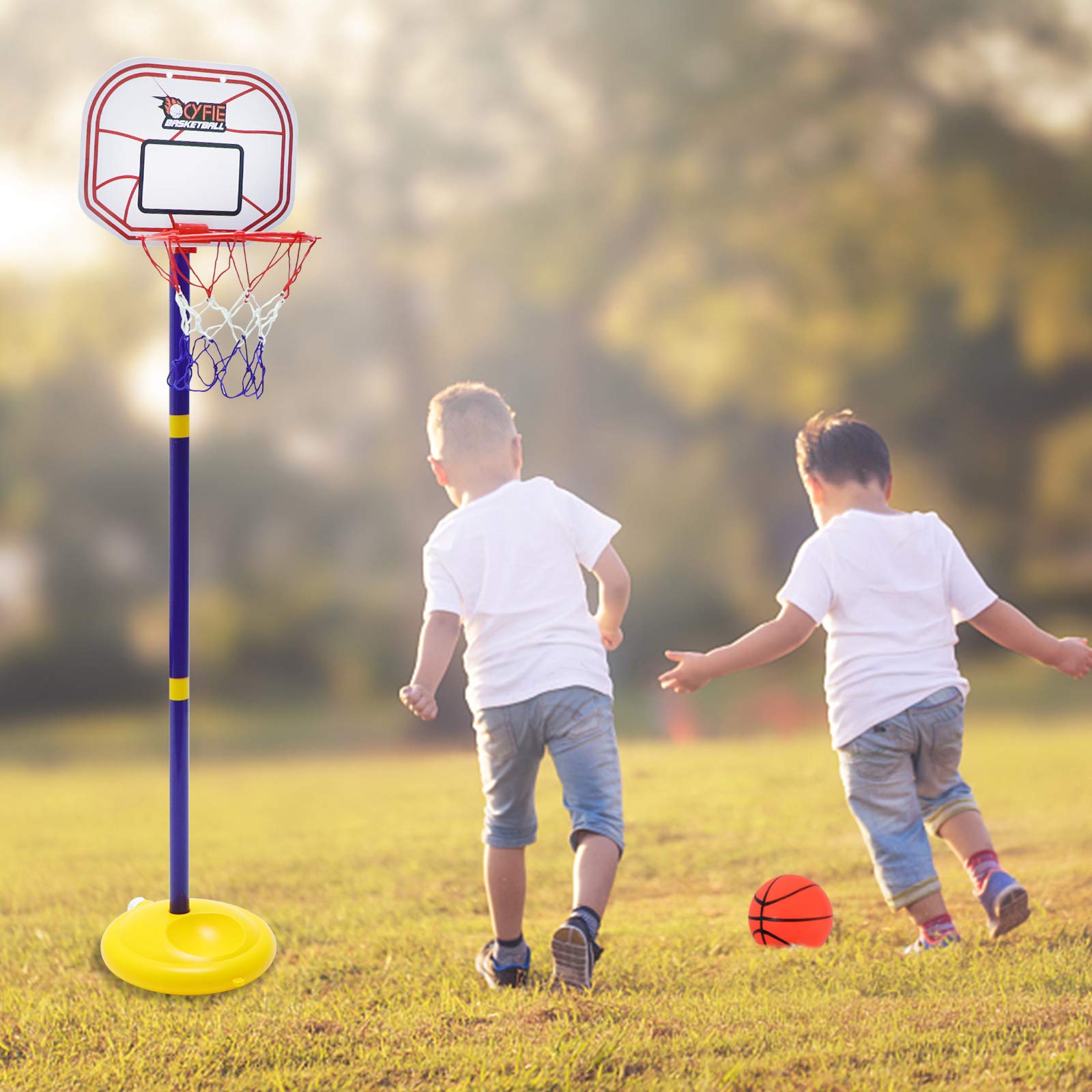 Cyfie Indoor Basketball Hoop for Toddlers Kids, 2.26ft - 3.48ft Stand Adjustable Height Basketball Game Toys with Ball and Pump for Outdoor Outside Sports