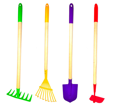 G & F JustForKids Kids Garden Tool Set Toy, Rake, Spade, Hoe and Leaf Rake, reduced size , made of sturdy steel heads and real wood handle, 4-Piece, Multicolored, 5yr+