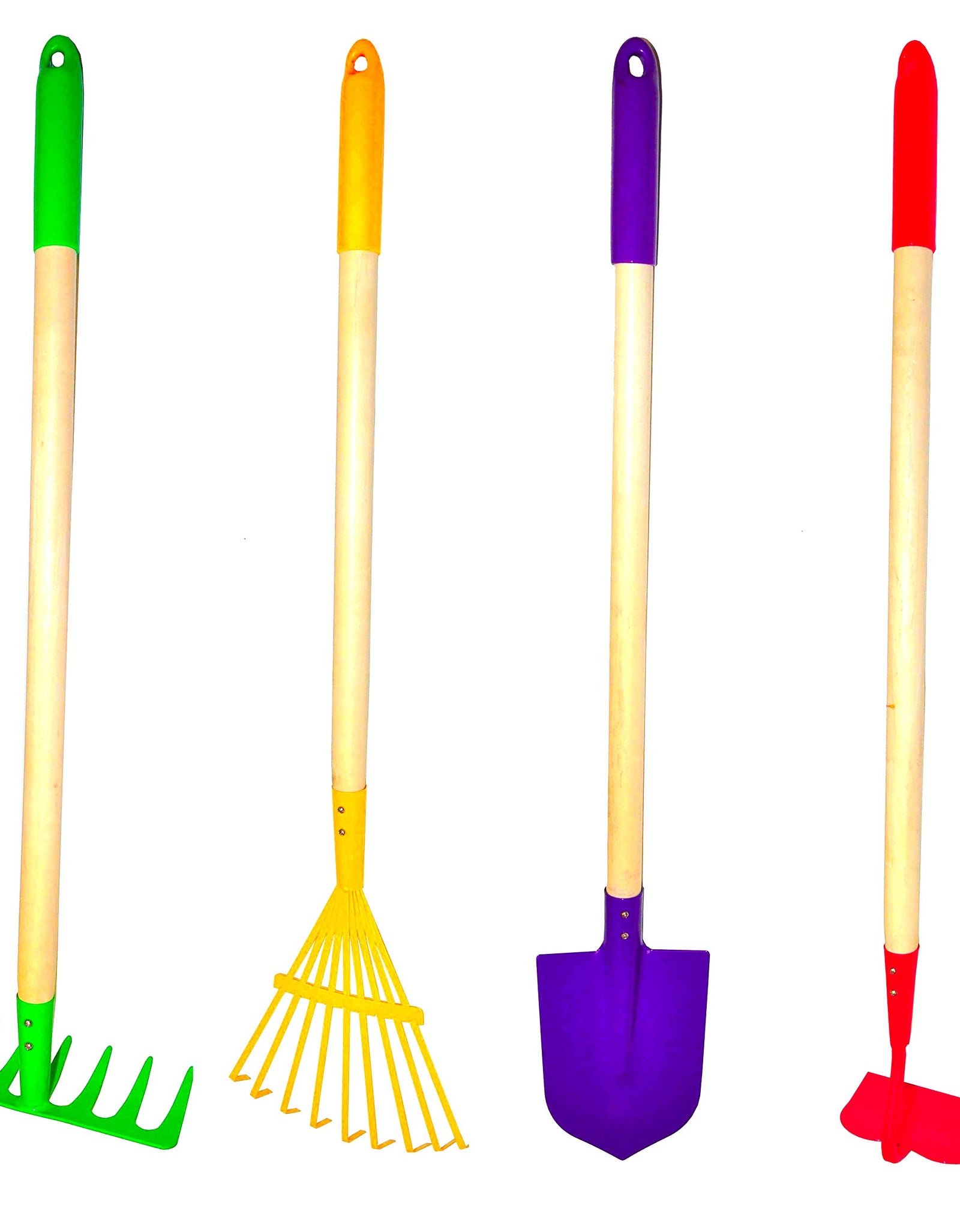 G & F JustForKids Kids Garden Tool Set Toy, Rake, Spade, Hoe and Leaf Rake, reduced size , made of sturdy steel heads and real wood handle, 4-Piece, Multicolored, 5yr+