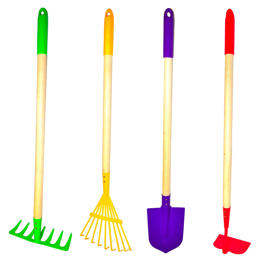 G & F JustForKids Kids Garden Tool Set Toy, Rake, Spade, Hoe and Leaf Rake, reduced size , made of sturdy steel heads and real wood handle, 4-Piece, Multicolored, 5yr+