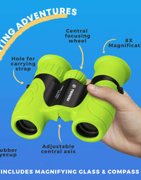 Promora Binoculars for Kids, Camping Set for Kids with Magnifying Glass & Compass (Green) - Toy Gift for 4 to 12 Year Old Boys and Girls
